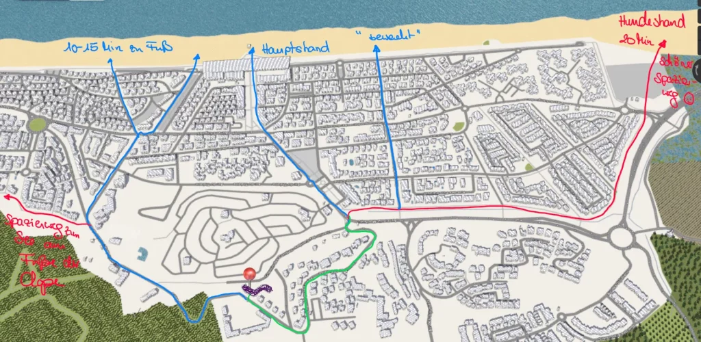 Lagekarte der Ferienwohnung L’Aubergine Bellevue mit Fußwegen von ca. 10 Min zum Strand und ins Zentrum von Narbonne-Plage